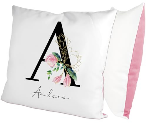 glitzertassen.de® | Blumenbuchstabe mit Namen | Kissen mit Blumenmotiv | Geschenk | Personalisiert | Kissen mit Druck | Freunde | Deko Kissen | Fotokissen | Kuschelkissen | Weiß/Rosé