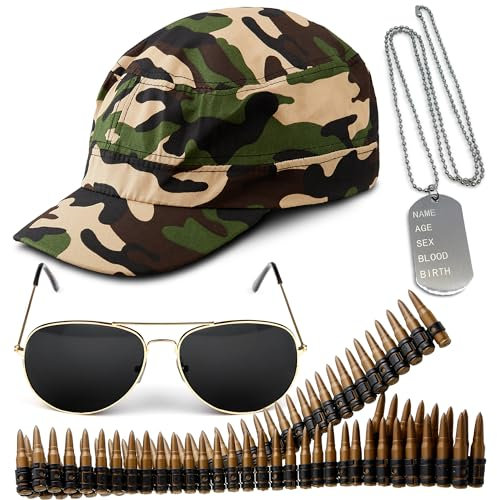 4pc Army Fancy Dress Accessories Set - Halloween Army Costume Accessories with Camo Hat, Bullet Belt, Aviator Sunglasses and Dog Tag Necklace - Soldier Costume for Stag Do Outfit or Adult Fancy Dress