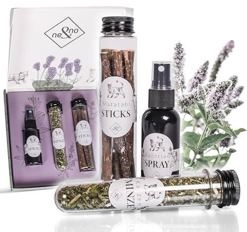ne&no® Geschenkset Katzenminze Mix bestehend aus Katzen Minze + Matatabi Sticks + Baldrian Spray I luftdicht und liebevoll verpackt I Matatabi Stick Katze I Catnip(Mix)