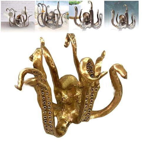 Octopus Mug Holder, Octopus Cup Holder, Octopus Coffee Mug Holder, Retro Resin Octopus Desktop Statue, Kitchen Dining Bar Statue Accessory,Funny Pendant Tea Cup Holder (Gold)