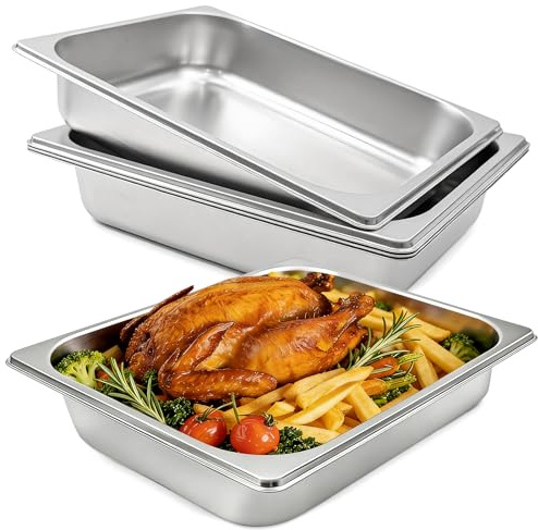 Nexboraque 4 Pcs Half Size Hotel Pan, 1/2 Size 2.5 Inch Deep Stainless Steel Steam Table Pan Half Pans for Chafing Dishes, Breading Trays for Hotel, Party, Buffet, Catering Supplies