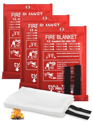 3 Pack Fire Blanket 1m x 1m - Heavy Duty Fiberglass Flame Retardant Blankets for Kitchen, Home & Caravan Emergency | Quick Unfolding Fire Suppression Blanket for Office, Camping & Vehicle Safety