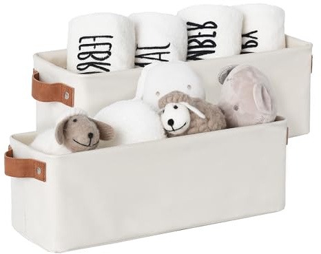 StorageWorks Stoff Aufbewahrungsbox schmal, stabile Ordnungsboxen Kleiderschränke, lange Körbe Aufbewahrung mit Griffen, Badezimmer Organizer, faltbare Stoffkörbe für Regal, beige, 2 Stück