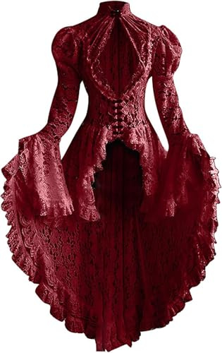 Yancremio Damen Viktorianische Korsettkleider Mode Trendy Elegant Cosplay Ballkleider Vintage Renaissance Ausgestellte Ärmel Spitze Hofkleider