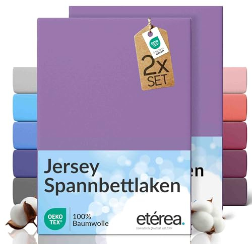 etérea Jersey 2er Set Spannbettlaken 90x200cm - 100x200cm Violett bis 25 cm Höhe - 100% Baumwolle Spannbetttuch Oekotex - Doppelpack Bettlaken 90x200 cm - 100x200 cm - Lila