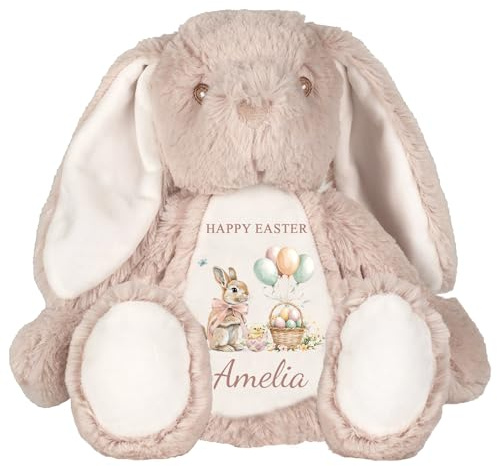 Personalised Easter Bunny with Name – Custom Easter Gift, Easter Soft Toy, Baby Easter Keepsake, Newborn Gift, Plush Bunny Teddy (Happy Easter - Pink, Brown)