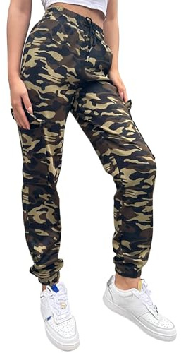 Nuofengkudu Women Cuffed Jogging Bottoms with Pockets Drawstring Camouflage Patterned High Waisted Tracksuit Bottoms Lounge Teen Girls Cargo Joggers Pants Walking Petite Combat Trousers Casual XS