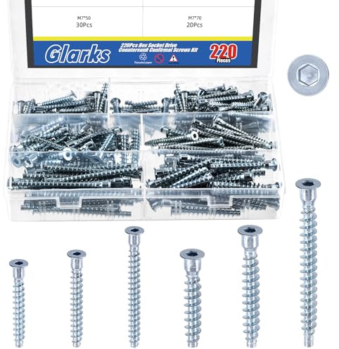 Glarks 220pcs M5 x 35/40/50mm M7 x 40/50/70mm Zinc Plated Confirmat Screws Kit, Carbon Steel Hex Socket Drive Self-Tapping Screw, Hex Socket Furniture Screws for Cabinet, Chairs, Furniture Connecting