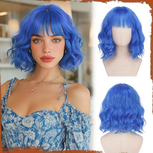 Sofeiyan Pelucas Mujer pelo Natural,30 cm Peluca con Flequillo | Ola de Bruja Azul Peluca Corta Ondulada,Sintética Resistente al Calor Estilo Natural para Diario y Fiesta