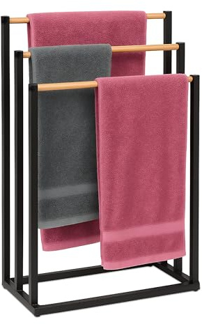 Relaxdays Handtuchständer, HBT: 76 x 45 x 21,5 cm, Metall, Bambus, 3 Stangen, Handtuchhalter stehend, Bad, schwarz/Natur