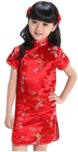 Generisch Robe d'été pour fille - Robe chinoise pour fille Qipao Bébé fille vêtements du Nouvel An Floral Manches courtes Cheongsam Anniversaire de l'enfant Fête Déguisement, rouge, 8-10 ans