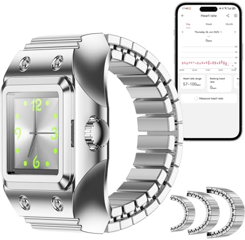 findtime Bague intelligente pour homme et femme - Analogique - À quartz - Carré - Podomètre - Moniteur de sommeil - Bracelet en métal extensible - Lumineux