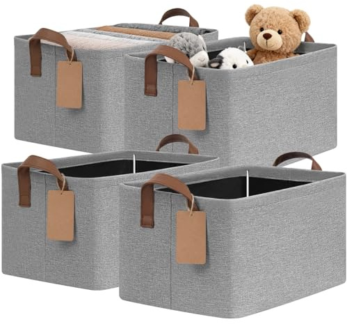 CHICVITA 4 Pack Storage Baskets for Shelves, Foldable Fabric Storage Bins with Metal Frame Handles, Closet Organizer Bins for Toys Blankets, 14.8 x 10.3 x 8.3, Gray