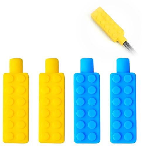 wilcractk Chew Pencil Topper Set (4er Pack), Silikon Kaukette mit Kaubarem Beißring Bleistiftaufsatz, Silikon Kaustab, für Jungen, Mädchen, Kinder mit Autismus, ADHS (2 Farben)