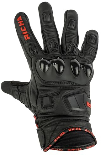 Richa Rock CE Approved Men’s Motorcycle Gloves – Protective Leather Short Gloves with Knuckle Armor, Breathable Vents, Flexible Fit & Reinforced Palm (Black/Red, L)