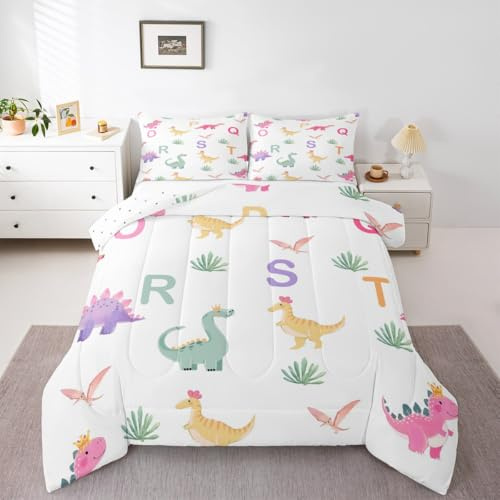 Loussiesd Söt dinosaurie barn sängkläder set tecknad dinosaurie täcke set enkel storlek initial bokstav alfabet för barn pojkar flickor sovrum vild djur dekor mikrofiber ultramjuk andningsbar