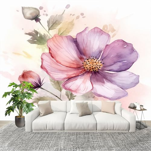 Acquerello Fiori Arte Piante Carta da Parati Fotografica Panorama Effetto 200x140 cm Rosa Decorazione da Parete per Camera da Letto e Soggiorno Parete Fotografica in Tessuto non Tessuto