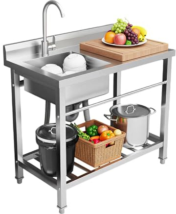 Mqwdxzfes Edelstahl Spültisch, Einzelbecken Freistehende Küchenspüle mit Arbeitsplatte & Unterschrank, Profi Spültisch, Arbeitstisch Waschbecken, Gastrospüle Spülbecken (80x55x84cm, Rechts)