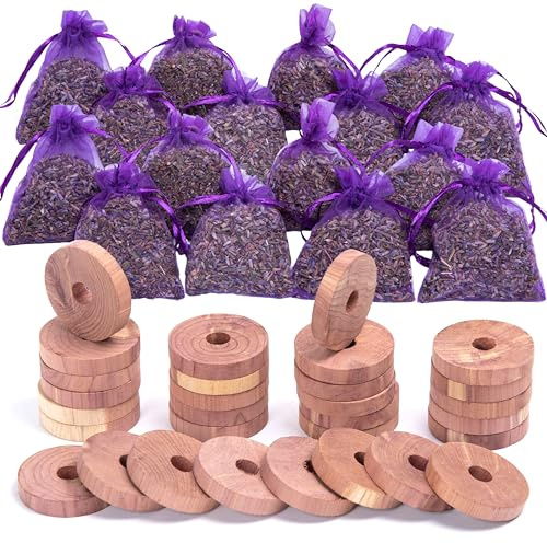 Lavande Sur Terre Pack of 30 Cedar Blocks and 16 Lavender Flower Sachets Craft Bag, Drawer Freshener, Linen, Shower Favor, Wedding and More, LV-E-LC-2