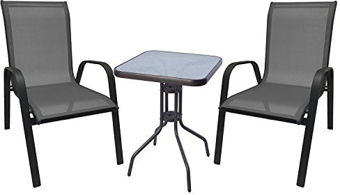 Mojawo Bistroset Bistrogarnitur 3-teilig Bistrotisch Glas/Metall 60x60cm H70cm Anthrazit + 2 Stapelsessel Metall/Textilen Anthrazit