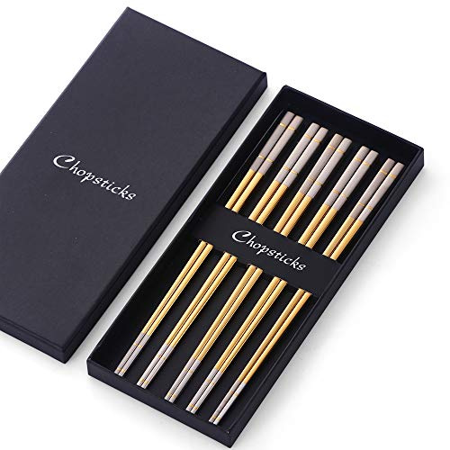 SBOMHS Kinesiska ätpinnar guld rostfritt stål 5 par sushi pinnar för japanska koreanska chopsticks metall 23,4 cm längd ätpinnar diskmaskinssäkra bra present till jul/födelsedag
