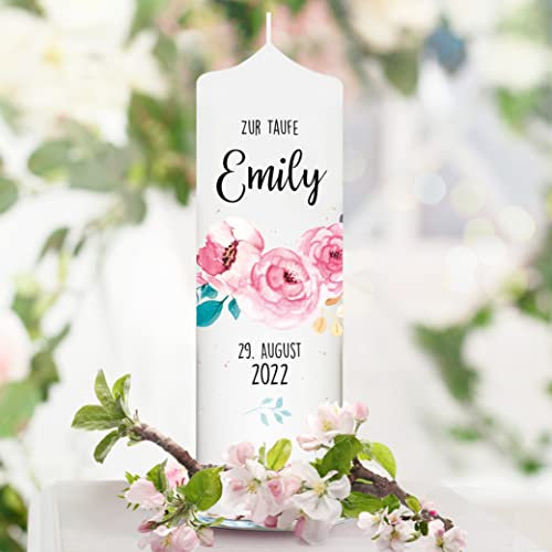 Bougie de baptême pour garçon ou fille - Fleurs roses - Arbre rose - Bougie blanche pour baptême, naissance et communion - Blanc - 25 x 7 cm - Avec nom, date, le cas échéant - Avec inscription en