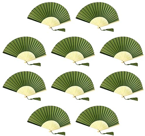 FANSOF.FANS Pack of 10 Chinese Folding Hand Fans – Silk Fabric Handheld Fan with Bamboo Ribs & Tassel, Wedding Fans for Guests, Bridal Shower & Hen Party Favours, Paper Fan Style Wedding Props