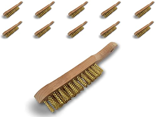 Kibros Lot 10 brosses type soudeur fil laiton ondulé 4 rangs | Manche ergonomique bois hêtre, sortie du fil 30 mm, 29×3,5 cm, brossage ébavurage décapage soudure peinture rouille.