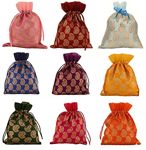 Touchstone Drawstring Bags Traditional Indian Handcrafted in Paisley Pattern Brocade fabric. Perfect for Gifts Jewelry Weddings Sweet Distribution Set of 9 Vibrant Multicolor Pouches Purses Potli