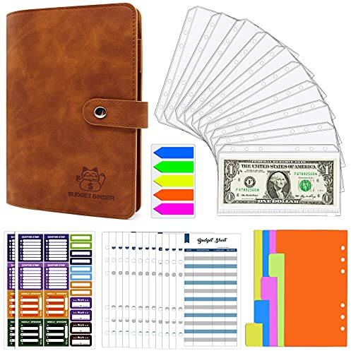 Binder Notizbuch A6, PU Leder Binder Taschen Notizbuch, Geldbinder, Money Organizer für Bargeld, Budget Ordner mit Reißverschluss Umschläge, Budget Wallet Binder Dividers (braun)