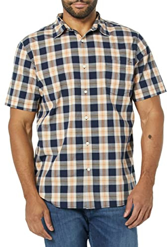 Amazon Essentials Men's Slim-Fit Short-Sleeve Poplin Shirt, Navy Gold Plaid, X-Large