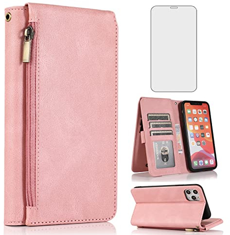 Asuwish Compatible with iPhone 11 6.1 Wallet Case Tempered Glass Screen Protector Zipper Leather Flip Cover Card Holder Stand Cell Phone for iphone11case iPhone11 i Phone11 11s XI 11R Women Rose Gold