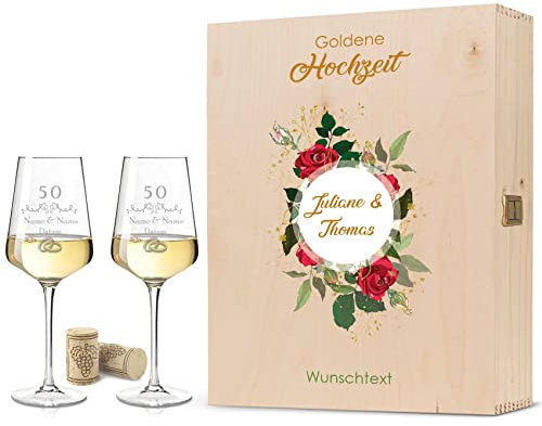 Leonardo Puccini Weingläser mit Gravur - Goldene Hochzeit Design - Personalisiert mit Namen & Datum inkl. Holzkiste - Geschenk zur Hochzeit Verlobung Jahrestag - Farbe: Große Kiste UV