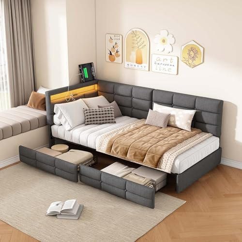 BestAlice Polsterbett Schlafsofa 90x200cm mit 2 Schubladen, jugendbett, Einzelbett mit LED Kopfteile und Ladefunktion,Tagesbett bettgestell,Multifunktional Daybett mit Lattenrost,Leinen Grau