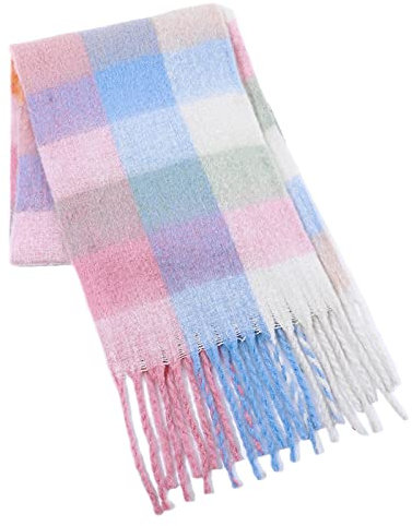 WLLDDDIU Strickschal Damen,Winterschals Kontrast Quaste Strick Weicher Warmer Schal Dicke Decke Gitter Rosa Blau Der Weiche Fühlschal Winterschal Trendige Stola Schals Für Damen Mädchen