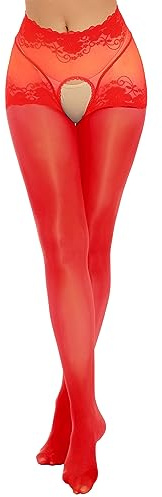 TiaoBug Damen Ouvert Strumpfhose Transparent Pantyhose Elegant Strumpfwaren Tanzstrumpfhose Gogo Outfits Clubwear Rot C XL