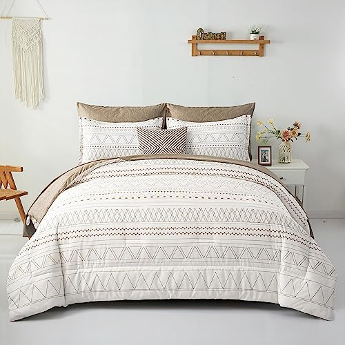 WONGS Bedding Juego de edredón Bohemio Caqui, tamaño matrimonial, 7 Piezas, edredón geométrico Reversible de Microfibra Suave (1 edredón, 2 Fundas de Almohada, 1 sábana encimera, 1 sábana Bajera, 2