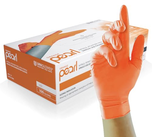 UNIGLOVES Orange Pearl Nitril-Untersuchungshandschuhe | vielseitig einsetzbar, puderfreie und latexfreie Einweghandschuhe - Box mit 100 Handschuhen, Orange, Klein (GP0132)