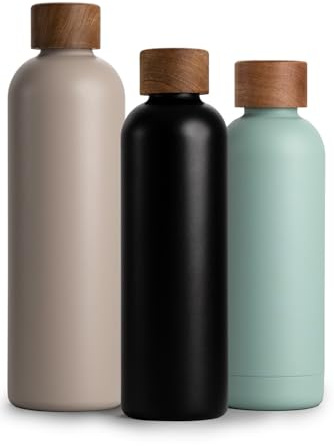 T&N Edelstahl Trinkflasche 750ml, Thermosflasche 0.75l mit Akazienholz Deckel, Isolierte Wasserflasche auslaufsicher bei Kohlensäure, Isolierflasche 750 ml - Anthrazit