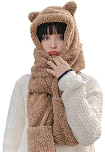 3-in-1 süßer Winterschal für Damen, dick, warm, lang, mit Fäustlingen, weicher Plüsch, Kapuze, Mütze, Schal, multifunktional, Tiermütze, Schal, Fäustlinge, Halswärmer, Combo (weiß)