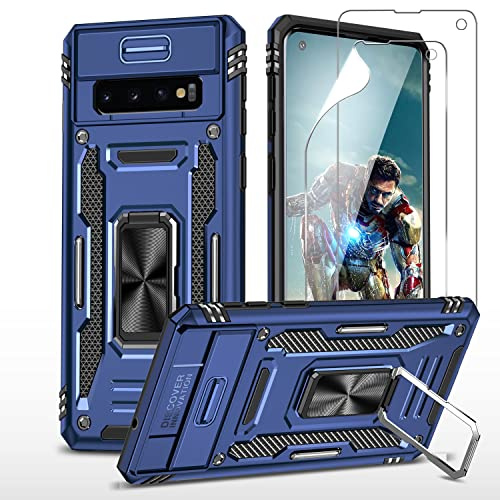 YmhxcY Hülle Für Samsung Galaxy S10 Hülle,*2 Displayschutzfolie,Slide Camera Cover, Militär Grade Schutzhülle, 360°Drehen Metallständer,Für Samsung Galaxy S10 Hülle-Blau