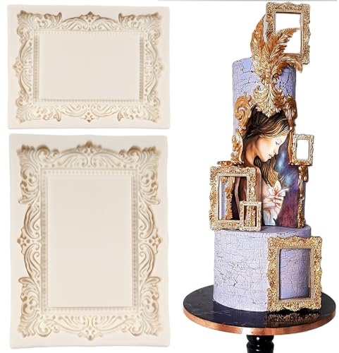 Baroque Photo Frame Fondant Molds Picture Frames Silicone Mold Vintage Mirror Frame Molds for Cake Decoration Cupcake Topper Chocolate Candy Polymer Clay Gum Paste Set of 2