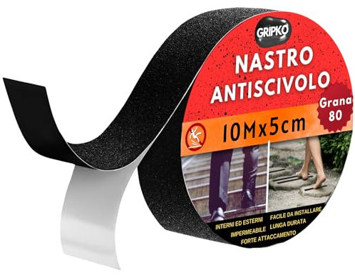 Gripko 5cm x 10m - Strisce antiscivolo per scale esterne, Nastro Antiscivolo di Sicurezza per Scale e Pavimenti, Forte Adesivo, Ideale per Interni ed Esterni