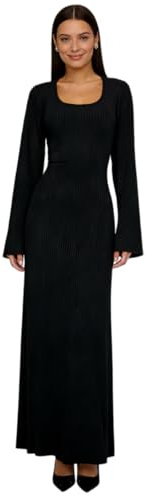 ZGMYC Women's Scoop Neck Lace Up Ribbed Maxi Dress Knit Flare Sleeve Bodycon Dress Loose Casual Long Dresses, Black, L