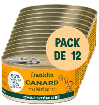 Franklin – Pâtées Chat Adulte sans Céréales – 12x100g – 66% de Viande – Contrôle du Poids – Format canette – Canard, Valériane