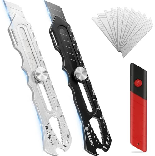 BIBURY 2 Stück Profi Cuttermesser, Edelstahl Universalmesser mit Extra 10SK5 18mm Abbrechklinge, Multifunktionales Mehrzweck Teppichmesser Druckguss Knife Cutter Messer für Innenbereich & Heimwerker