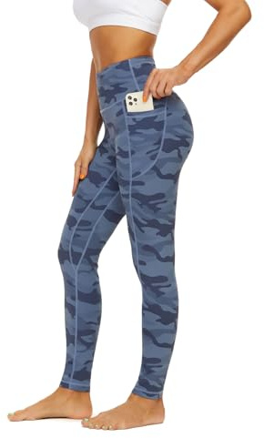 AMYTIS Damsportleggings, yogabyxor, hög midja med fickor, fitness, stretch, ogenomskinliga, långa, gym, mobilväska, Camo-gråblå, XL