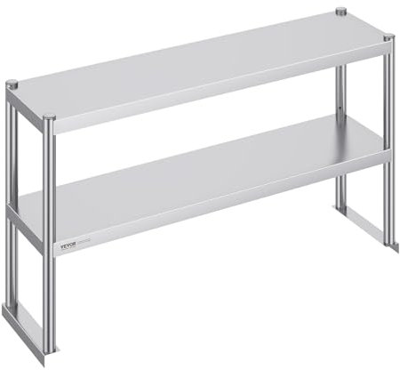VEVOR Tavolo da Lavoro di Preparazione in Acciaio Inossidabile, Scaffale per Cucina, Ristorante, Officina a Doppio Piano 305 x 1219 x 600 mm Scaffale a Doppio Livello, Altezza Regolabile