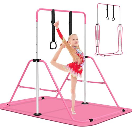 EVERYMILE Gymnastics Bars With Mat, Junior Training Kip Bar Gymnastics Equipment for Home,Adjustable Height Folding Horizontal Bar with Gymnastic Rings