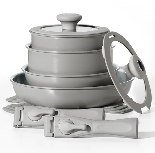 BLAZANT Set di pentole e padelle in ceramica antiaderenti, pentole e padelle con manico staccabile, set di pentole a induzione per piano cottura a induzione, set da cucina per camper, adatto al forno,